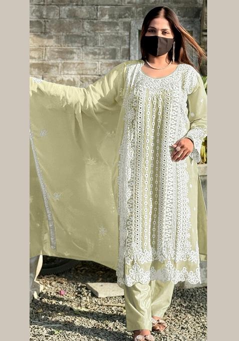 Light Yellow Embroidered Georgette Salwar Kameez with Dupatta