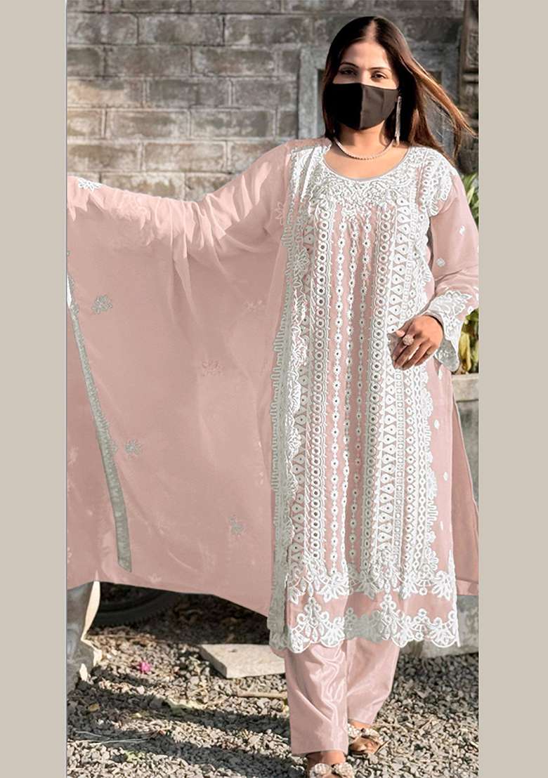 Pink Embroidered Georgette Salwar Kameez with Dupatta - Indya