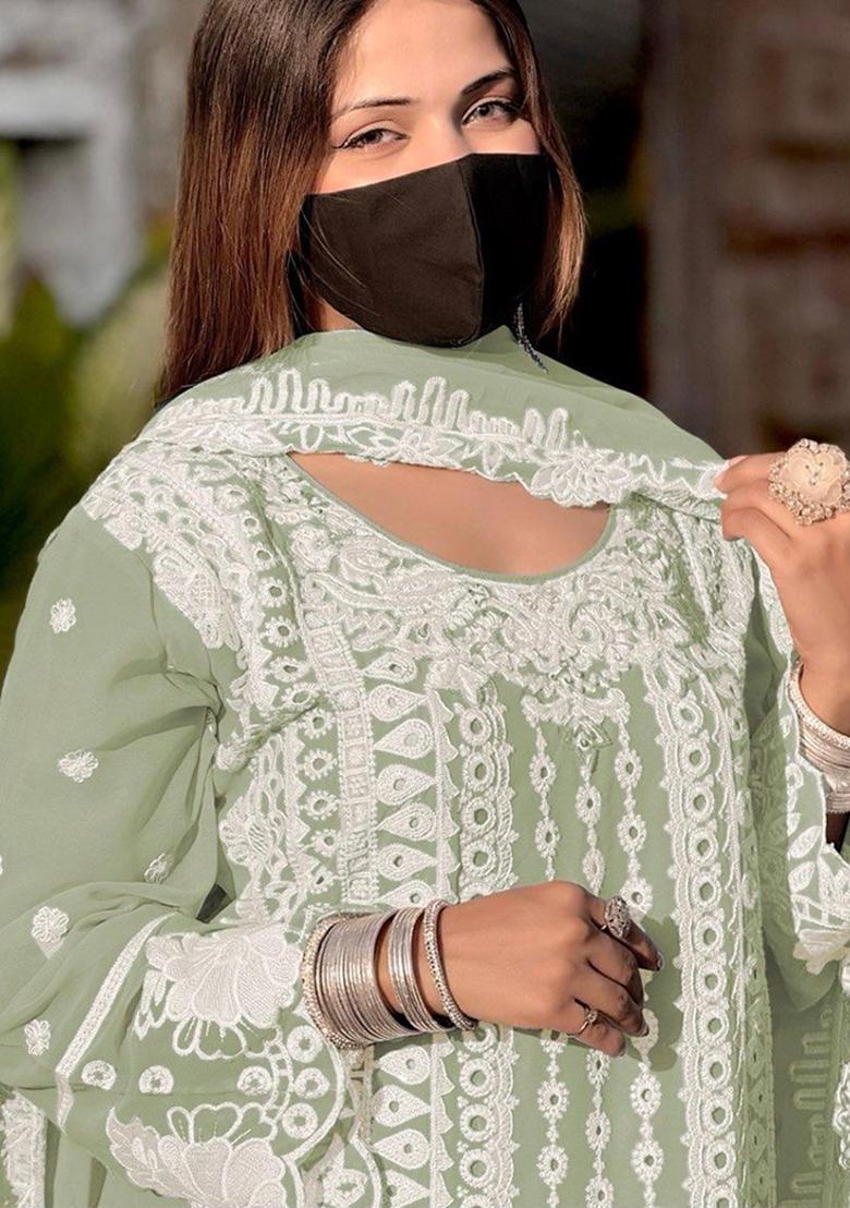 Pista Green Embroidered Georgette Salwar Kameez with Dupatta