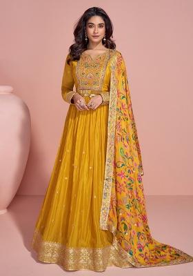 Yellow Embroidered Chinnon Anarkali Set With Dupatta