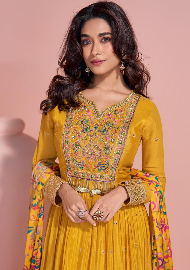 Yellow Embroidered Chinnon Anarkali Set With Dupatta
