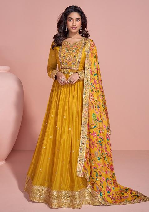 Yellow Embroidered Chinnon Anarkali Set With Dupatta