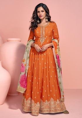 Orange Embroidered Chinnon Anarkali Set With Dupatta