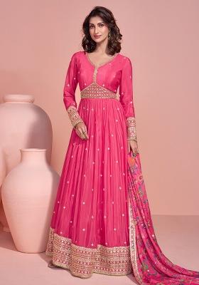 Pink Embroidered Chinnon Anarkali Set With Dupatta