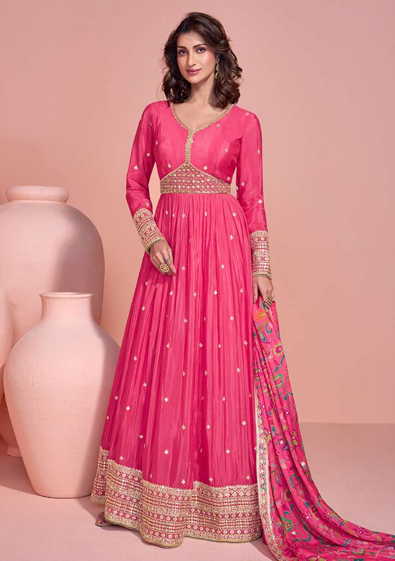 Pink Embroidered Chinnon Anarkali With Dupatta - Indya