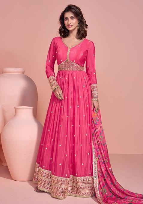 Pink Embroidered Chinnon Anarkali Set With Dupatta