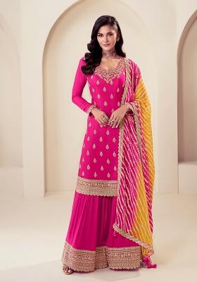 Pink Embroidered Chinnon Sharara Set With Dupatta