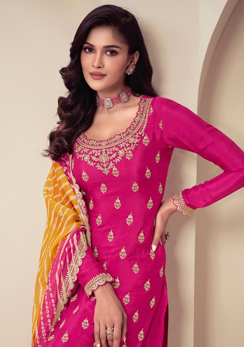 Pink Embroidered Chinnon Sharara Set With Dupatta