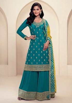 Green Embroidered Chinnon Sharara Set With Dupatta