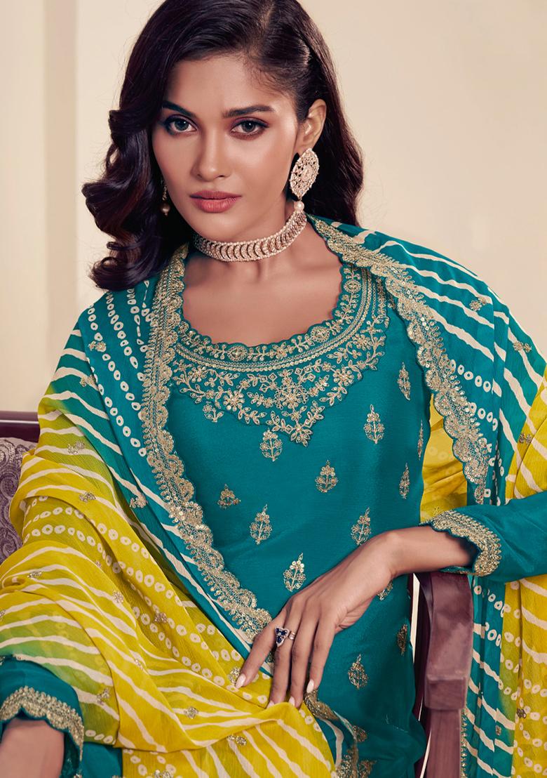 Green Embroidered Chinnon Sharara Set With Dupatta