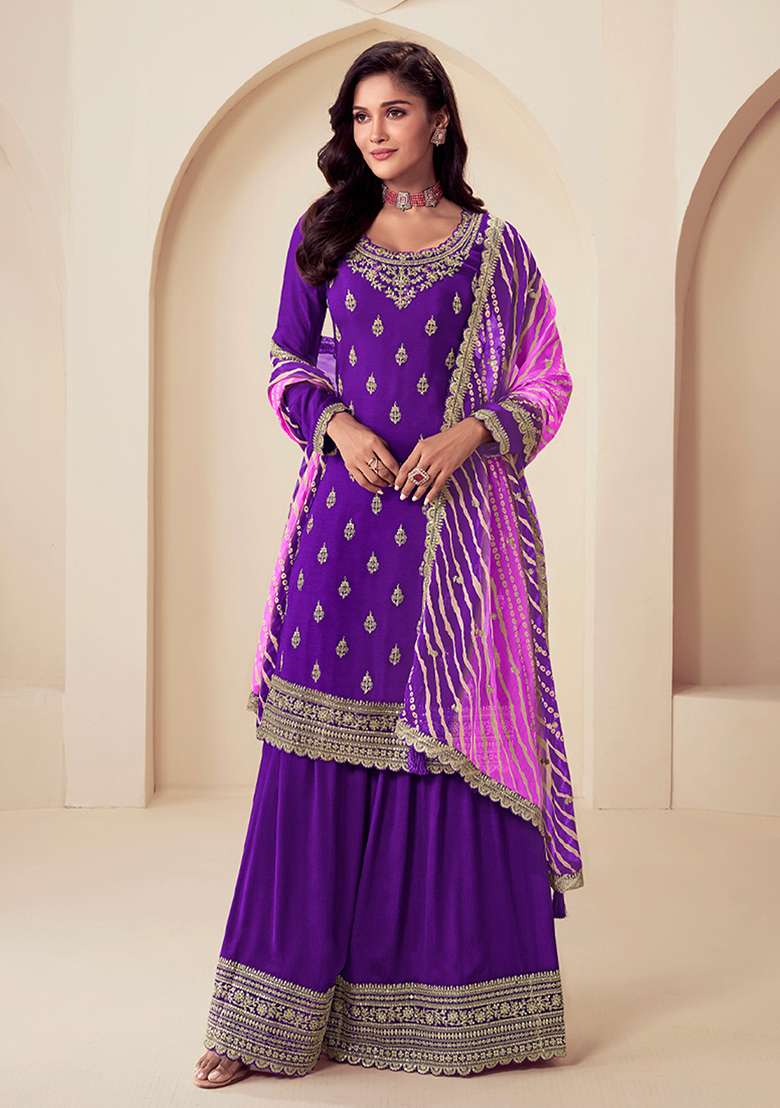 Purple Embroidered Chinnon Sharara Set With Dupatta - Indya
