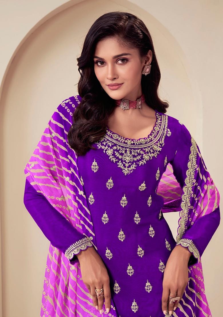 Purple Embroidered Chinnon Sharara Set With Dupatta