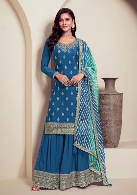 Blue Embroidered Chinnon Sharara Set With Dupatta