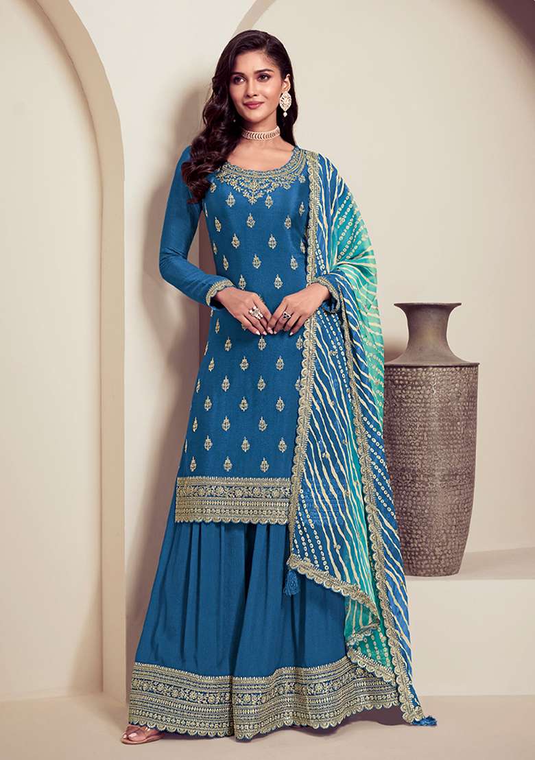 Blue Embroidered Chinnon Sharara Set With Dupatta - Indya