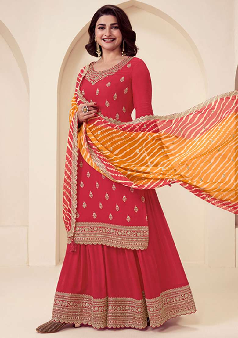 Red Embroidered Chinnon Sharara Set With Dupatta - Indya