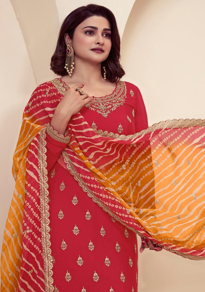 Red Embroidered Chinnon Sharara Set With Dupatta