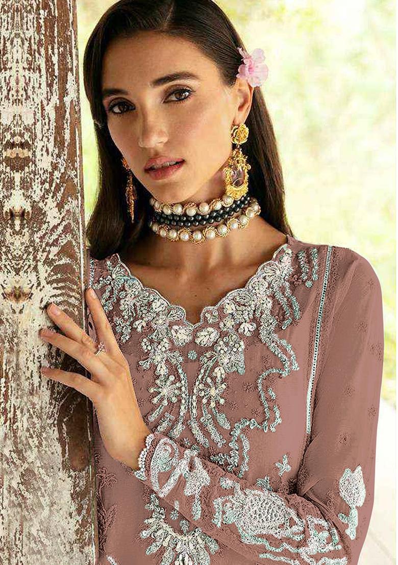 Brown Embroidered Georgette Salwar Kameez With Dupatta