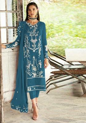 Teal Blue Embroidered Georgette Salwar Kameez With Dupatta