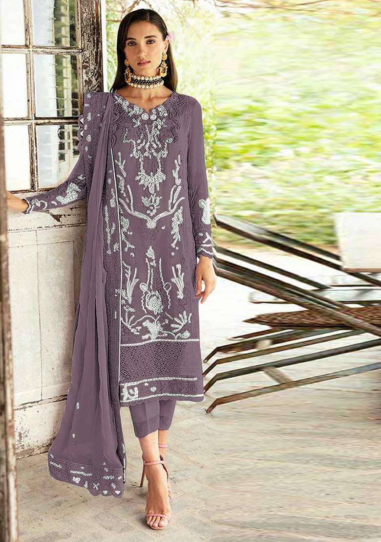 Lavender Embroidered Georgette Salwar Kameez With Dupatta - Indya