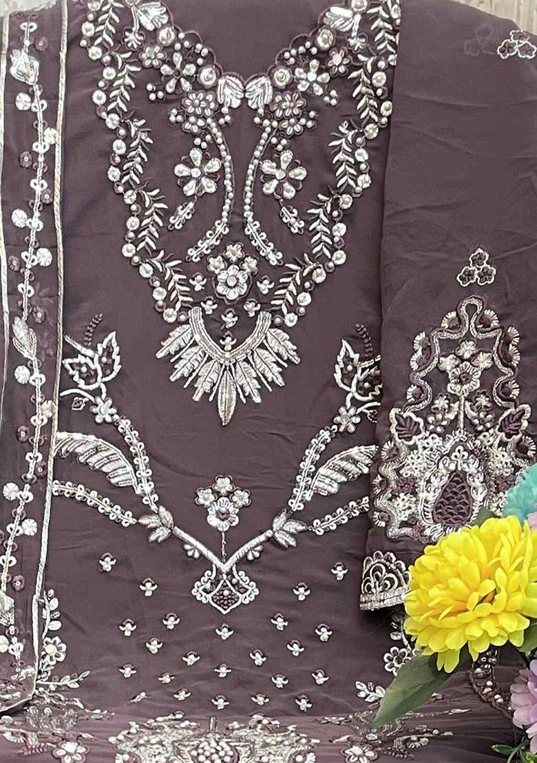 Lavender Embroidered Georgette Salwar Kameez With Dupatta - Indya
