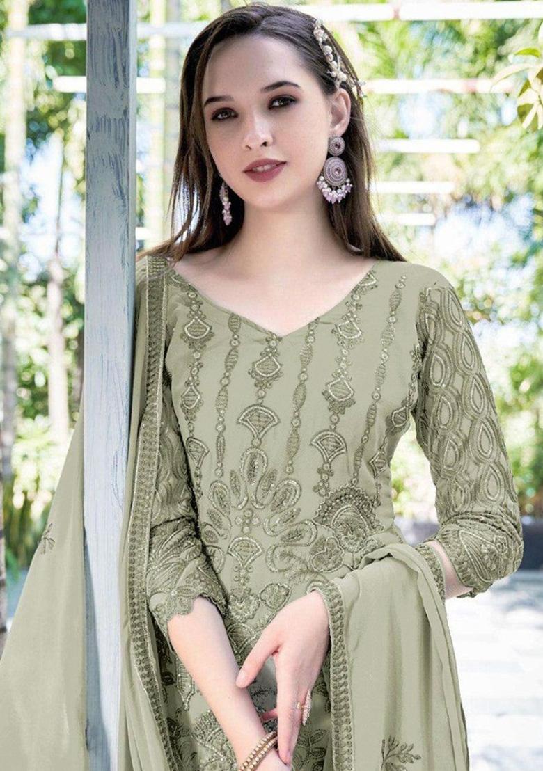 Mehendi Green Embroidered Georgette Salwar Kameez With Dupatta