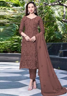 Brown Embroidered Georgette Salwar Kameez With Dupatta