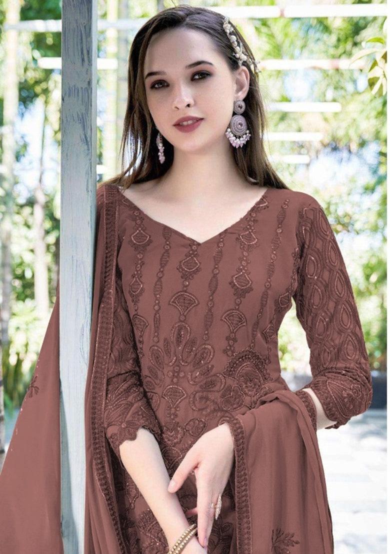 Brown Embroidered Georgette Salwar Kameez With Dupatta