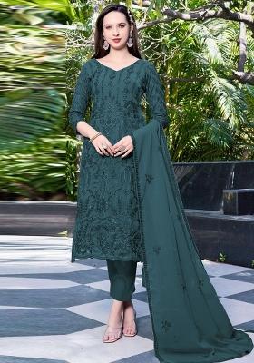 Dark Green Embroidered Georgette Salwar Kameez With Dupatta