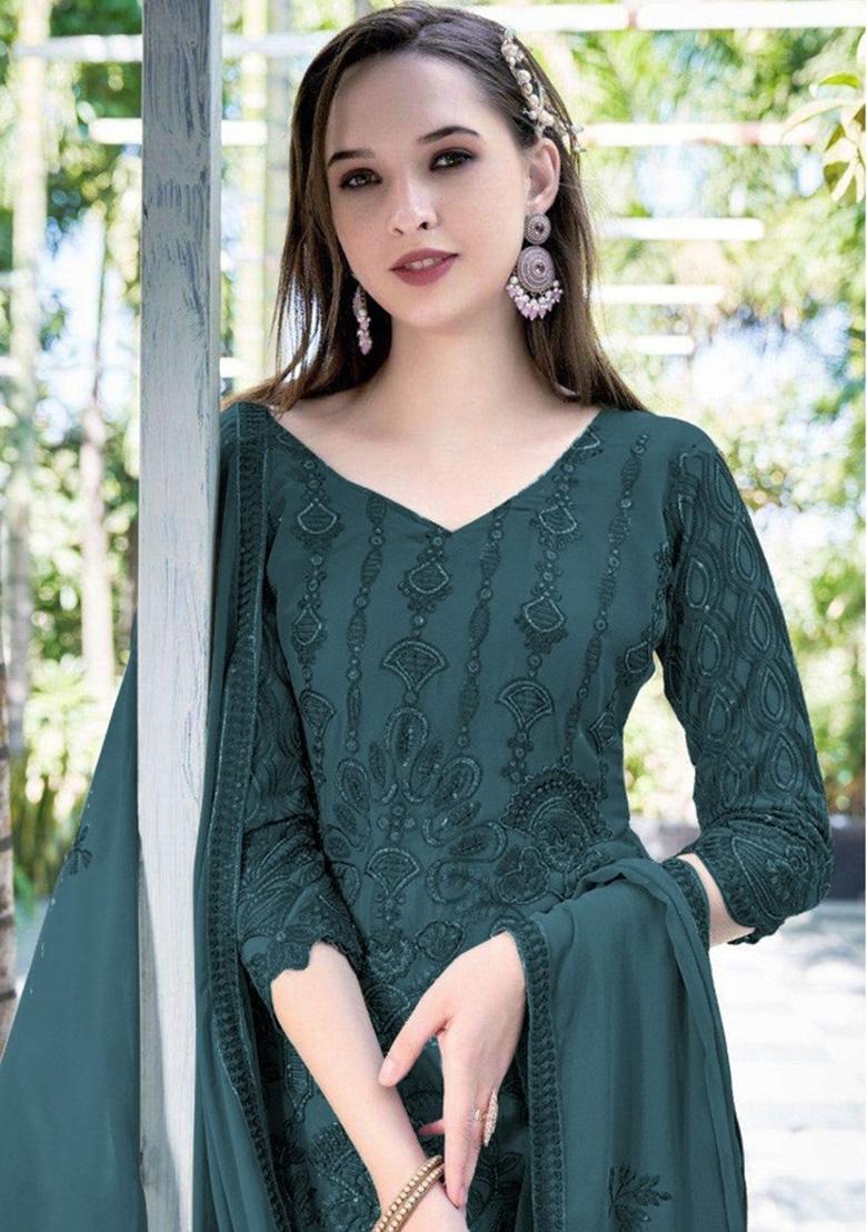 Dark Green Embroidered Georgette Salwar Kameez With Dupatta