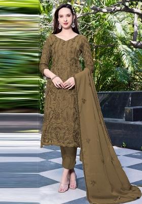 Cofee Brown Embroidered Georgette Salwar Kameez With Dupatta
