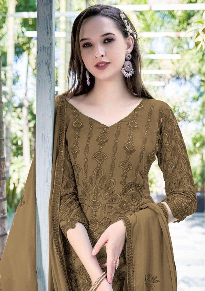 Cofee Brown Embroidered Georgette Salwar Kameez With Dupatta