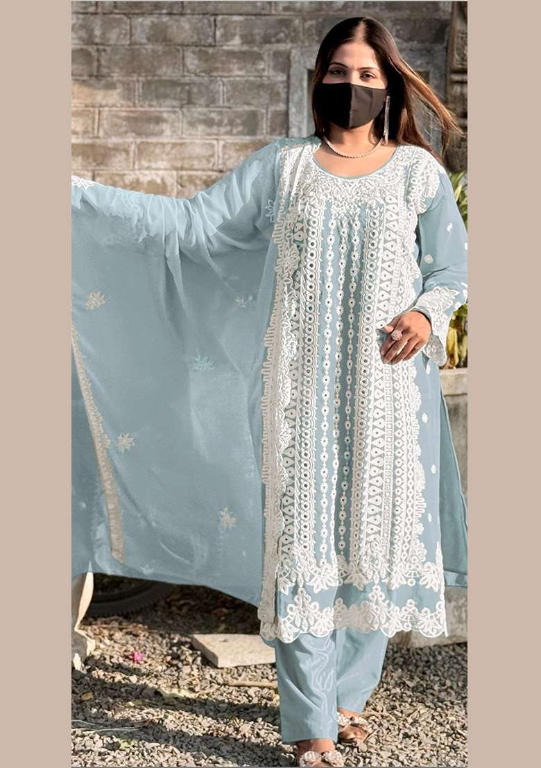 Sky Blue Embroidered Georgette Salwar Kameez With Dupatta - Indya