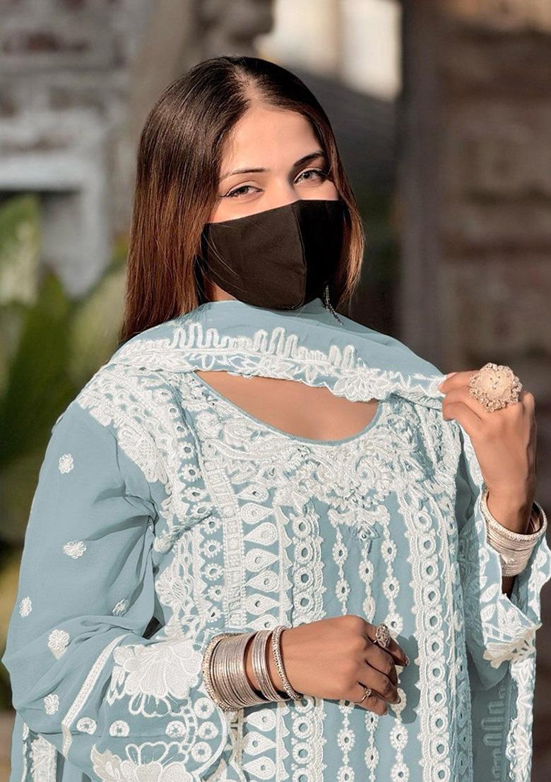 Sky Blue Embroidered Georgette Salwar Kameez With Dupatta