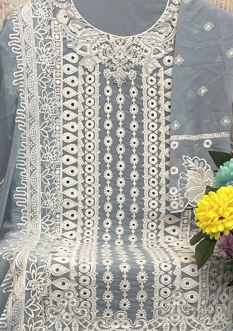 Sky Blue Embroidered Georgette Salwar Kameez With Dupatta - Indya