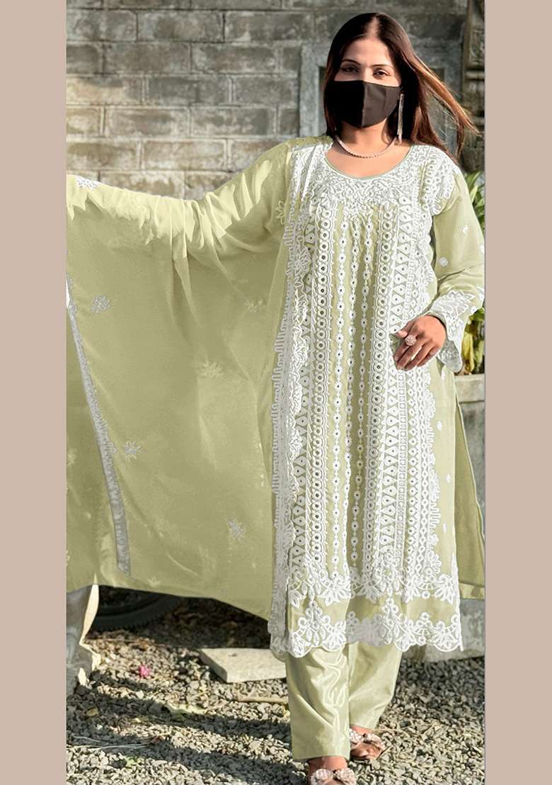 Light Yellow Chikankari Georgette Straight Kurta Set - Indya