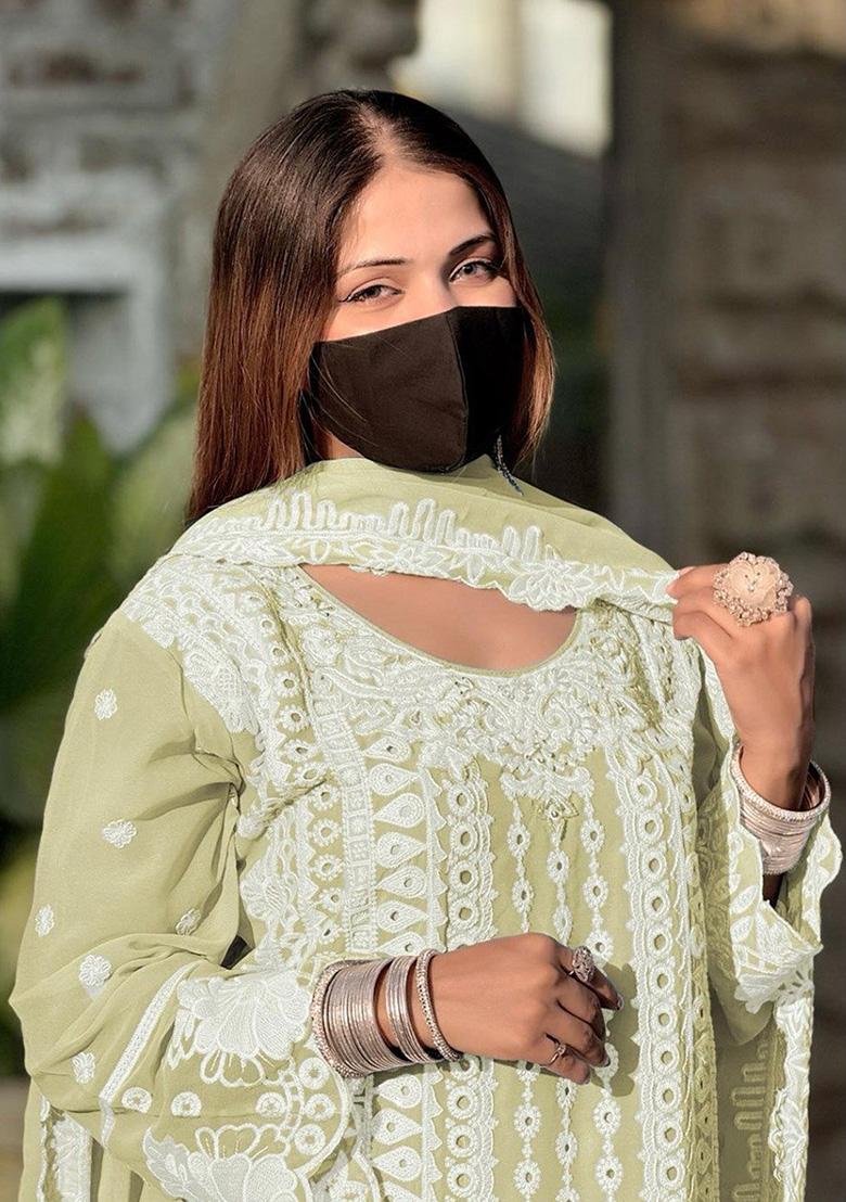 Light Yellow Embroidered Georgette Salwar Kameez With Dupatta