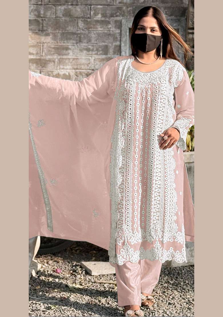 Baby Pink Chikankari Georgette Pakistani Suit Set - Indya