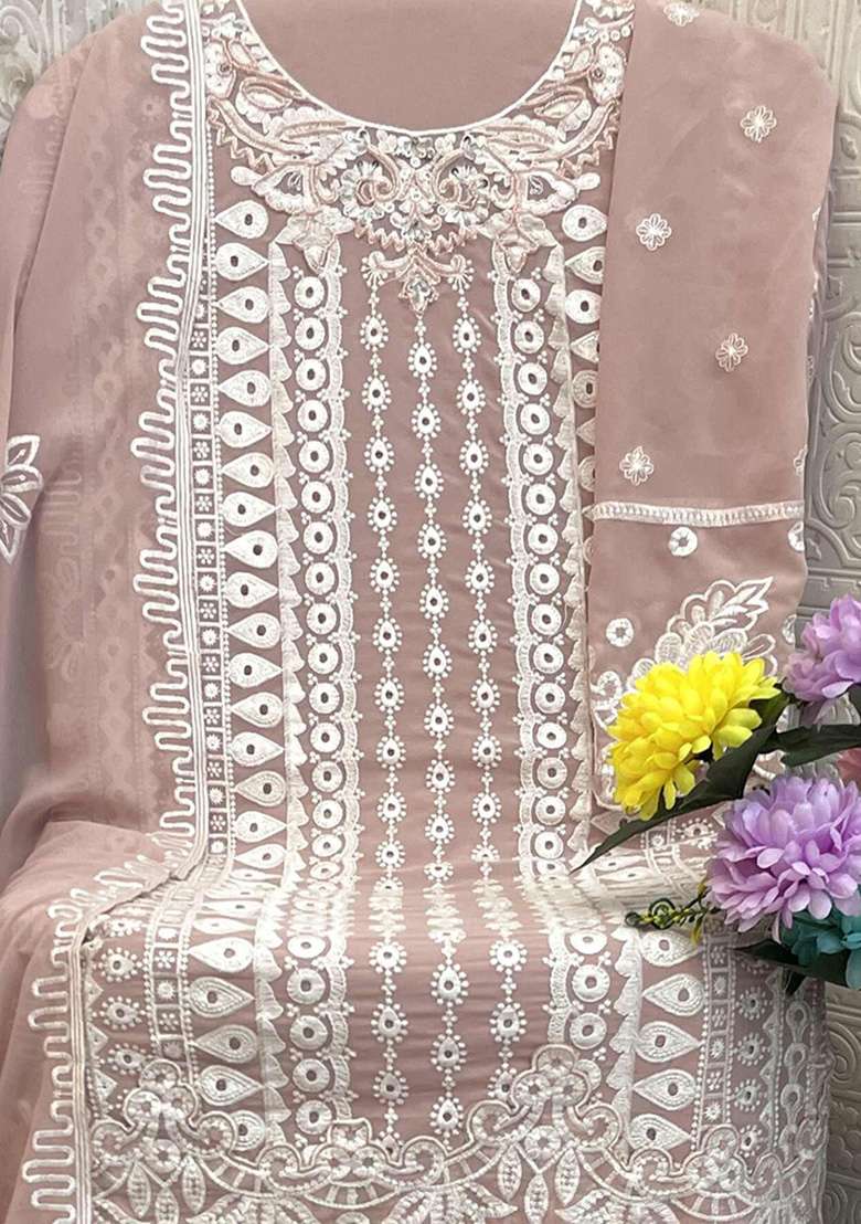 Baby Pink Chikankari Georgette Pakistani Suit Set - Indya