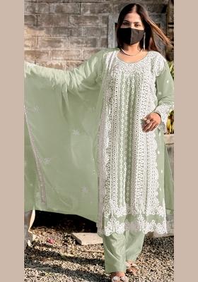 Pista Green Embroidered Georgette Salwar Kameez With Dupatta