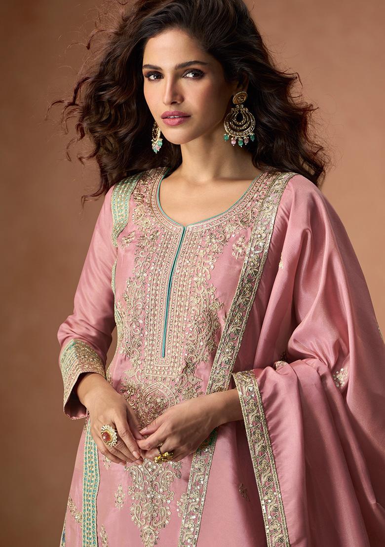 Pink Embroidered Silk Salwar Kameez With Dupatta