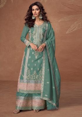 Pista Green Embroidered Silk Salwar Kameez With Dupatta