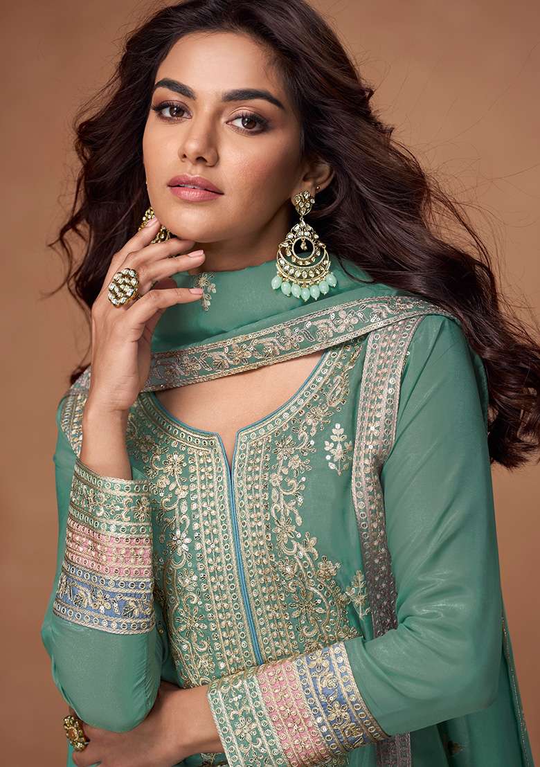 Pista Green Embroidered Silk Salwar Kameez With Dupatta - Indya
