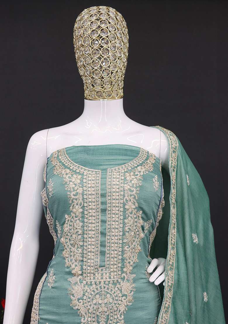 Pista Green Embroidered Silk Salwar Kameez With Dupatta - Indya