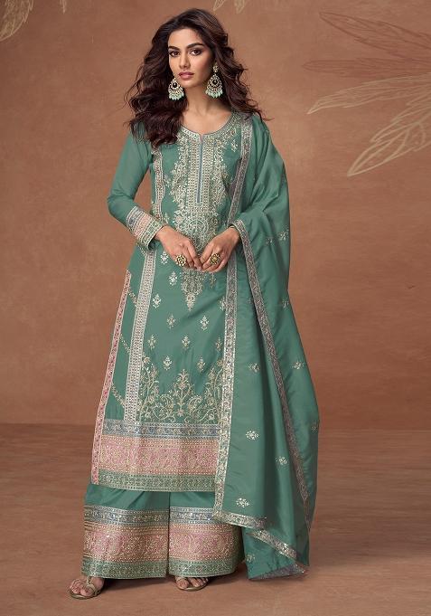 Pista Green Embroidered Silk Salwar Kameez With Dupatta