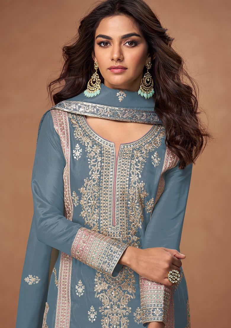Grey Embroidered Silk Salwar Kameez With Dupatta