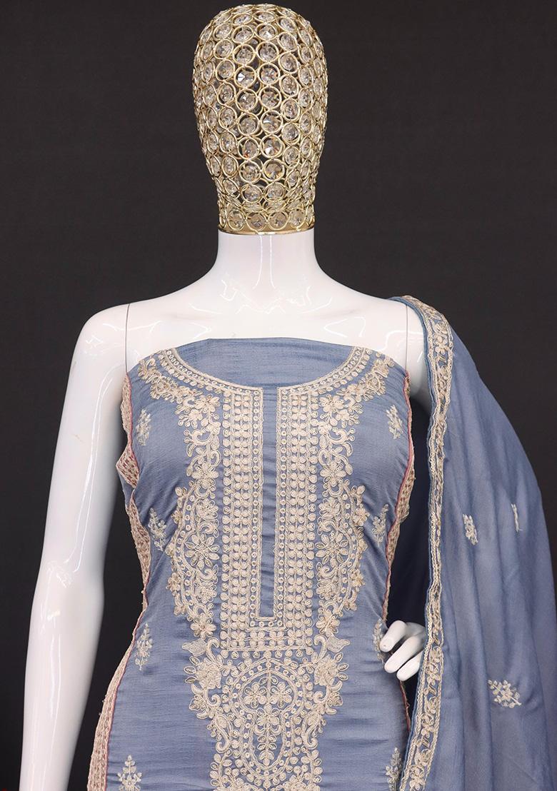 Grey Embroidered Silk Salwar Kameez With Dupatta