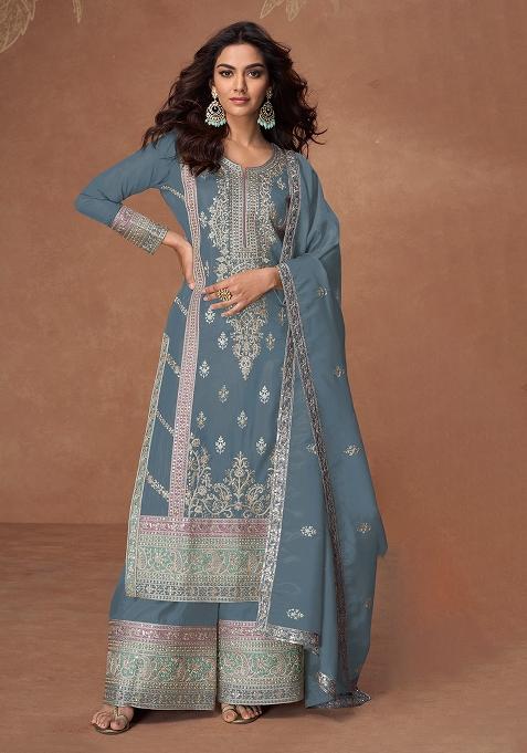 Grey Embroidered Silk Salwar Kameez With Dupatta