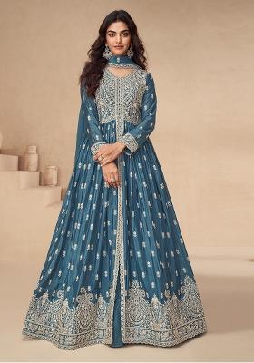 Teal Blue Embroidered Chiffon Anarkali Set With Dupatta
