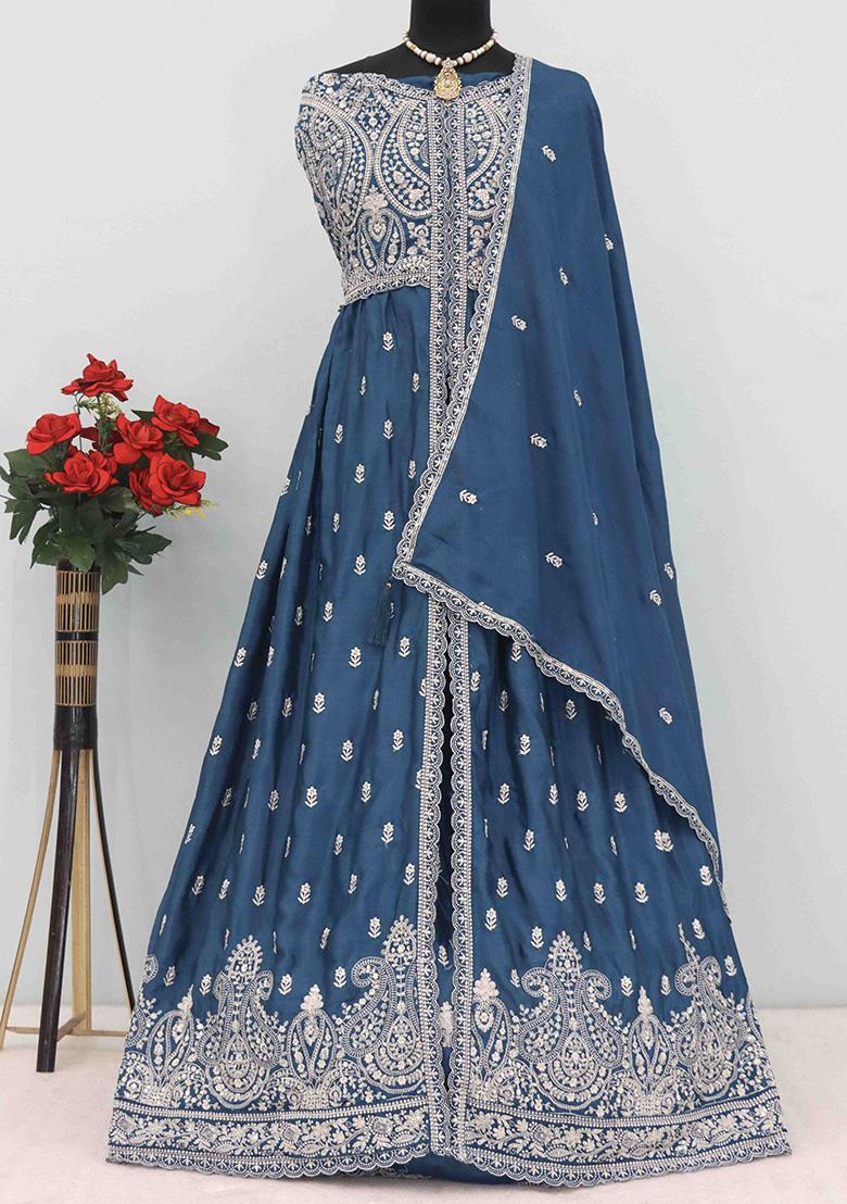 Teal Blue Embroidered Chiffon Anarkali Set With Dupatta