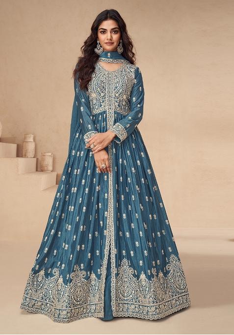 Teal Blue Embroidered Chiffon Anarkali Set With Dupatta
